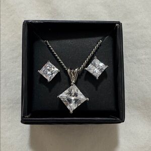 Sterling silver CZ necklace and earring set. Princess square cut.